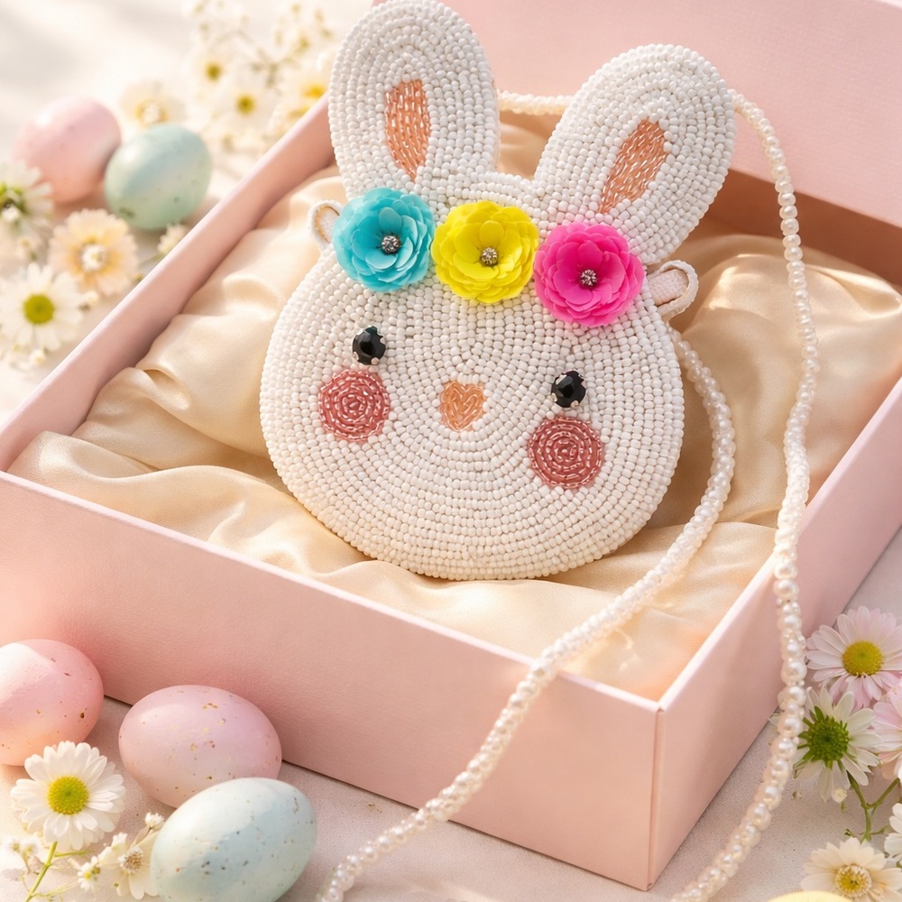 Bunny Beaded Kids Pouch - White & Pink & an Easter Egg Beaded Kids Pouch